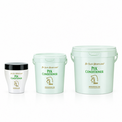Three light mint green plastic buckets of Iv San Bernard Pek Conditioner in graduated sizes, arranged from smallest to largest on a white background.