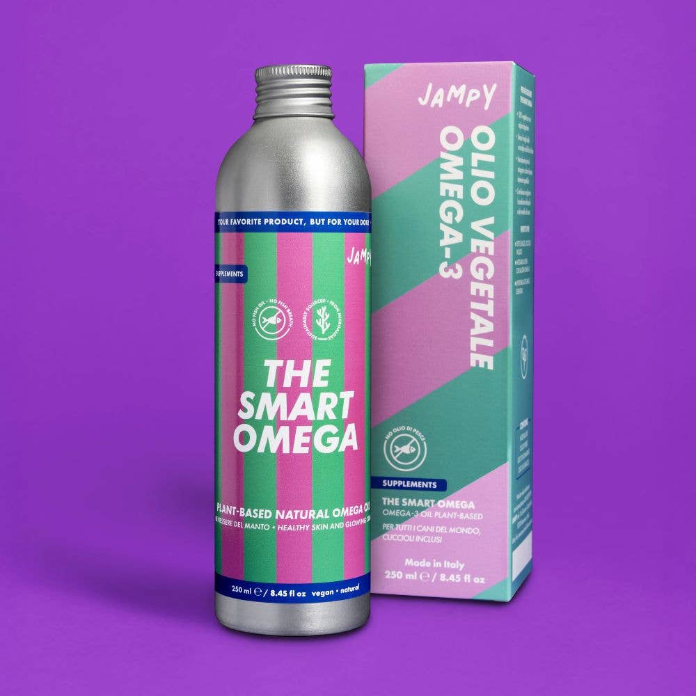 Bottle and box of Jampy Olio Vegetale Omega-3 supplement on a purple background