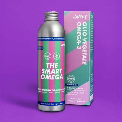 Bottle and box of Jampy Olio Vegetale Omega-3 supplement on a purple background
