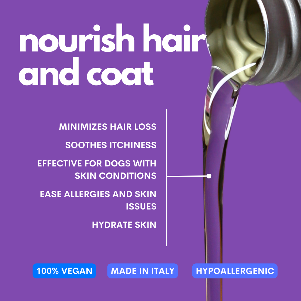 Product pour with text on a purple background, highlighting hair care benefits.