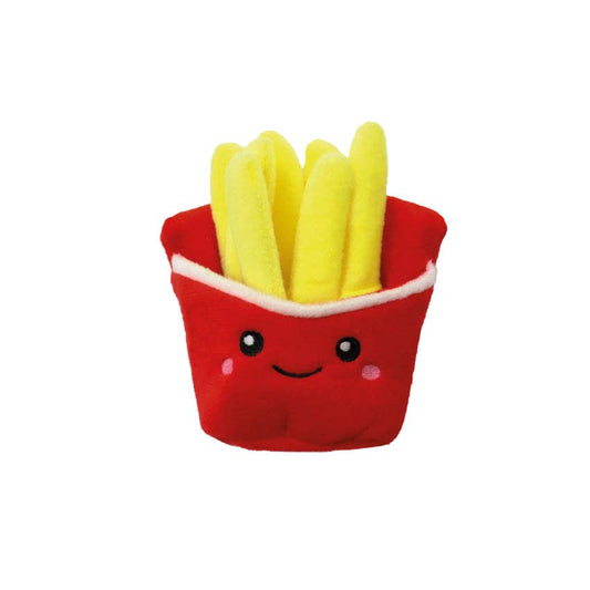 Plush toy resembling a container of French fries with a smiling face on a white background