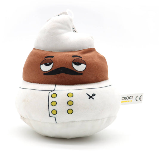 Plush toy resembling a chef with a mustache on a white background