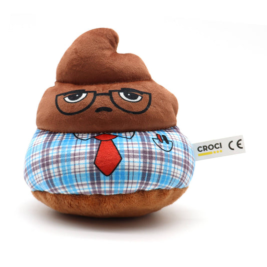 Plush toy resembling a poop emoji with glasses and a tie on a white background