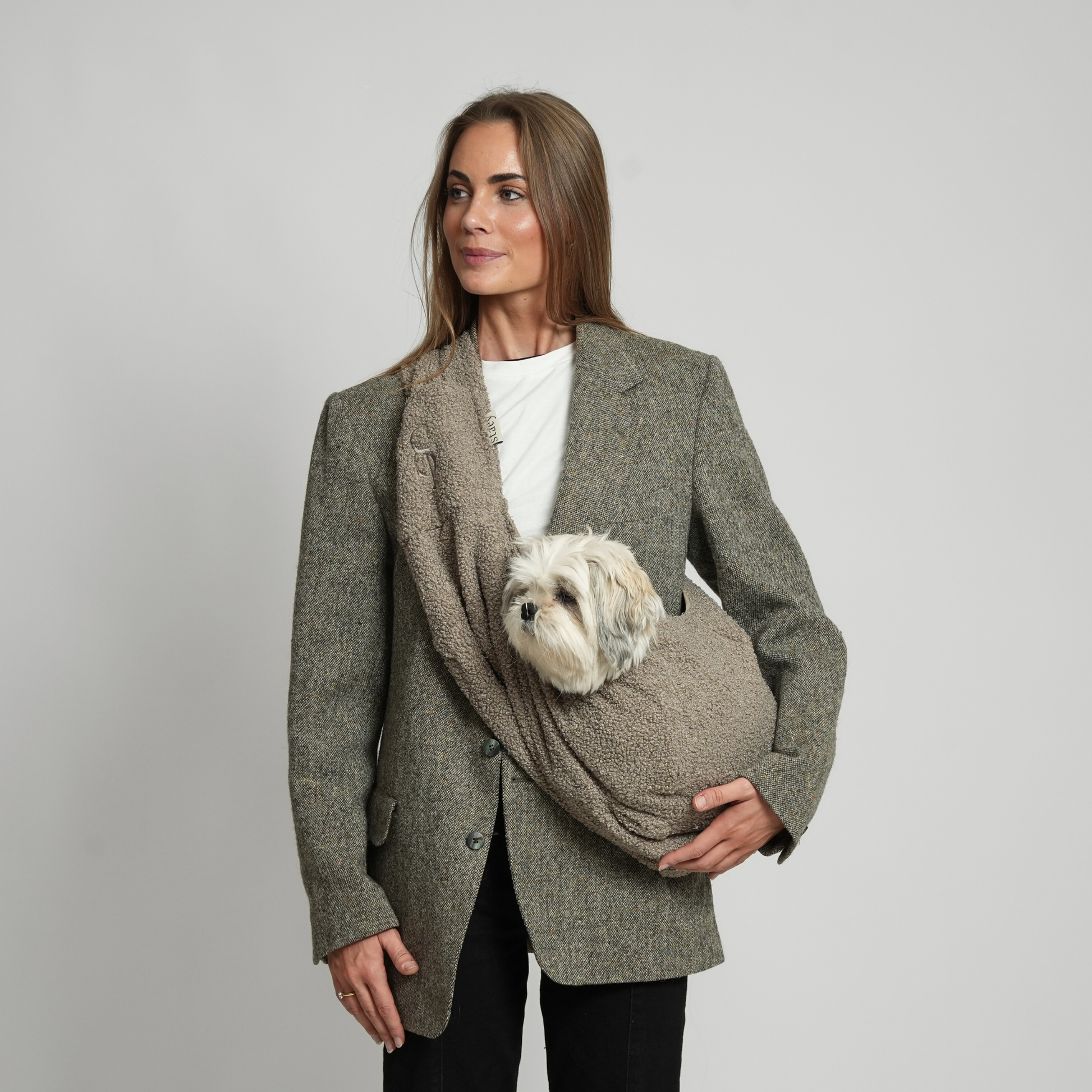 Woman holding a dog in a coat with a pocket, on a plain background