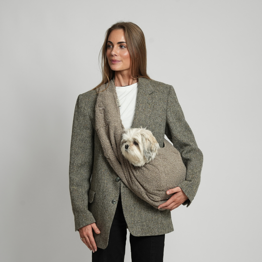 Woman holding a dog in a coat with a pocket, on a plain background
