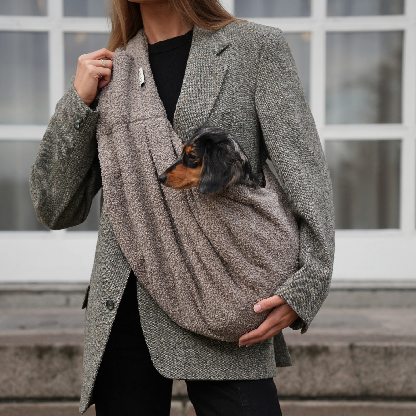 Person wearing a gray coat holding a small dog in a sling outdoors.