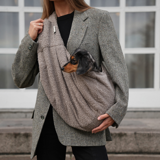 Person wearing a gray coat holding a small dog in a sling outdoors.