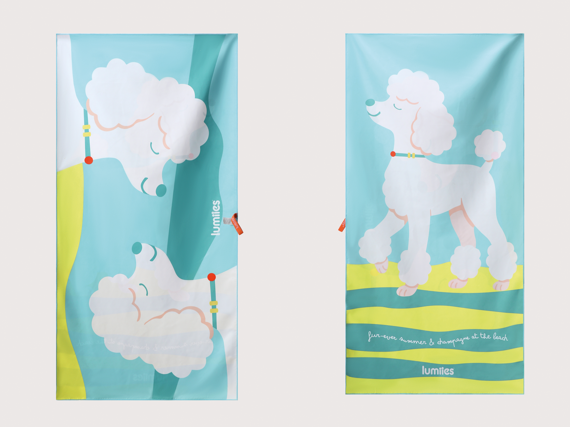 Two towels with poodle illustrations on a light gray background