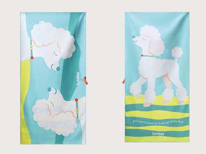 Two towels with poodle illustrations on a light gray background