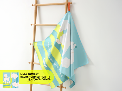 Two beach towels hanging on a wooden ladder against a white wall, with a brand logo at the bottom.