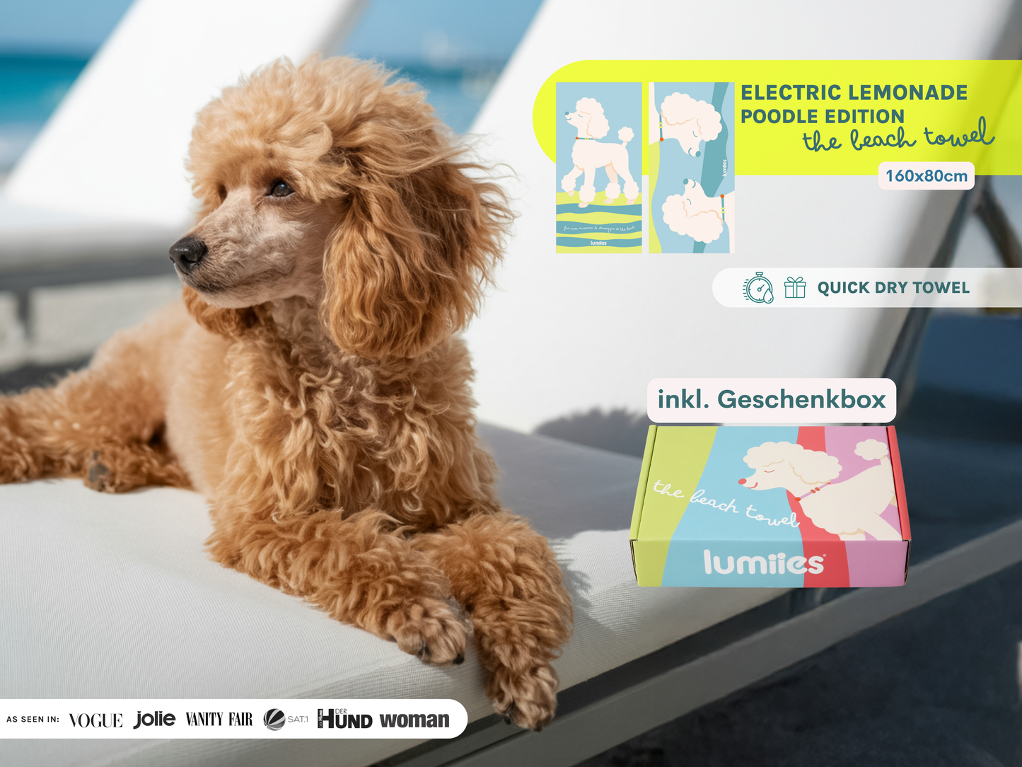 Brown poodle lying on a towel with a beach towel packaging in the background