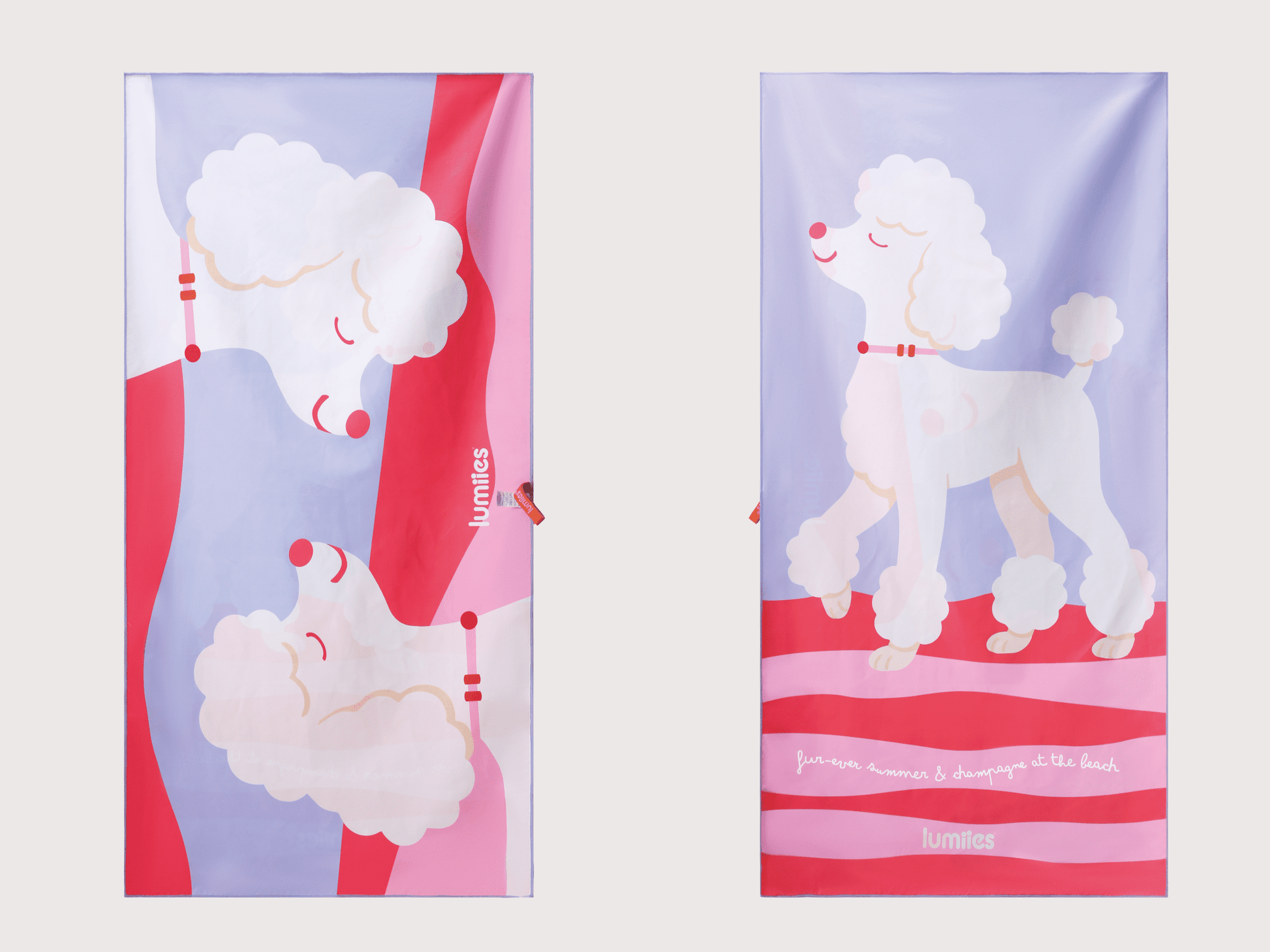 Two towels with poodle designs on a light purple background