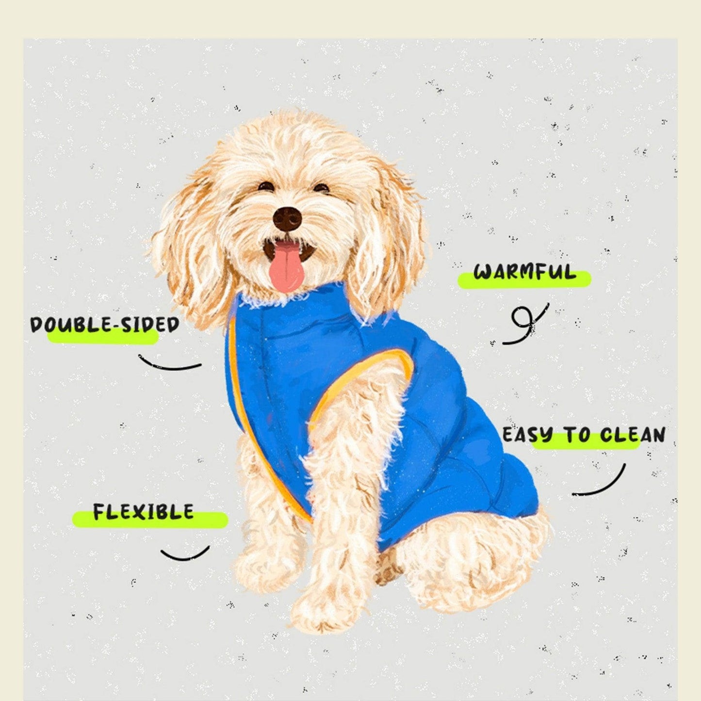Dog wearing a blue coat with text highlighting features on a light gray background