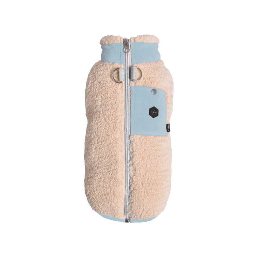 Beige fleece dog coat with blue accents on a white background