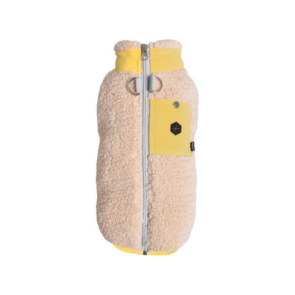 Beige and yellow dog coat with a zipper on a white background