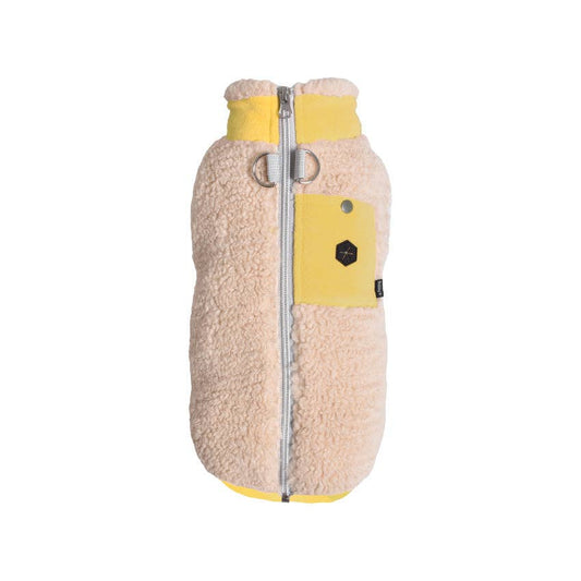 Beige and yellow dog coat with a zipper on a white background