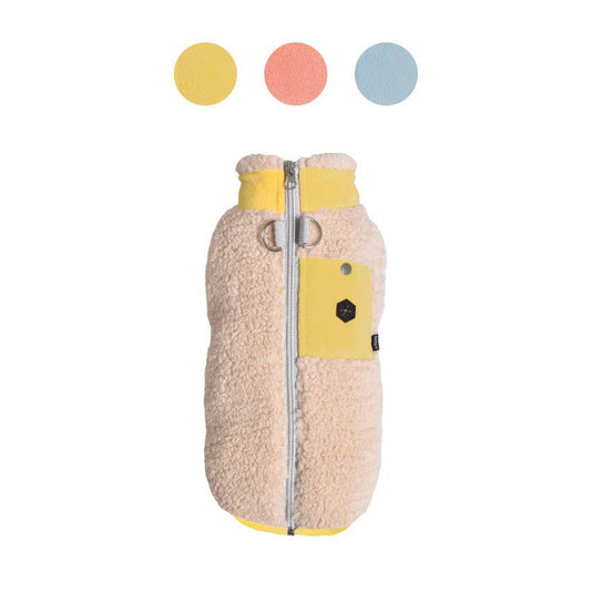 Shearling dog coat with yellow accents on a white background