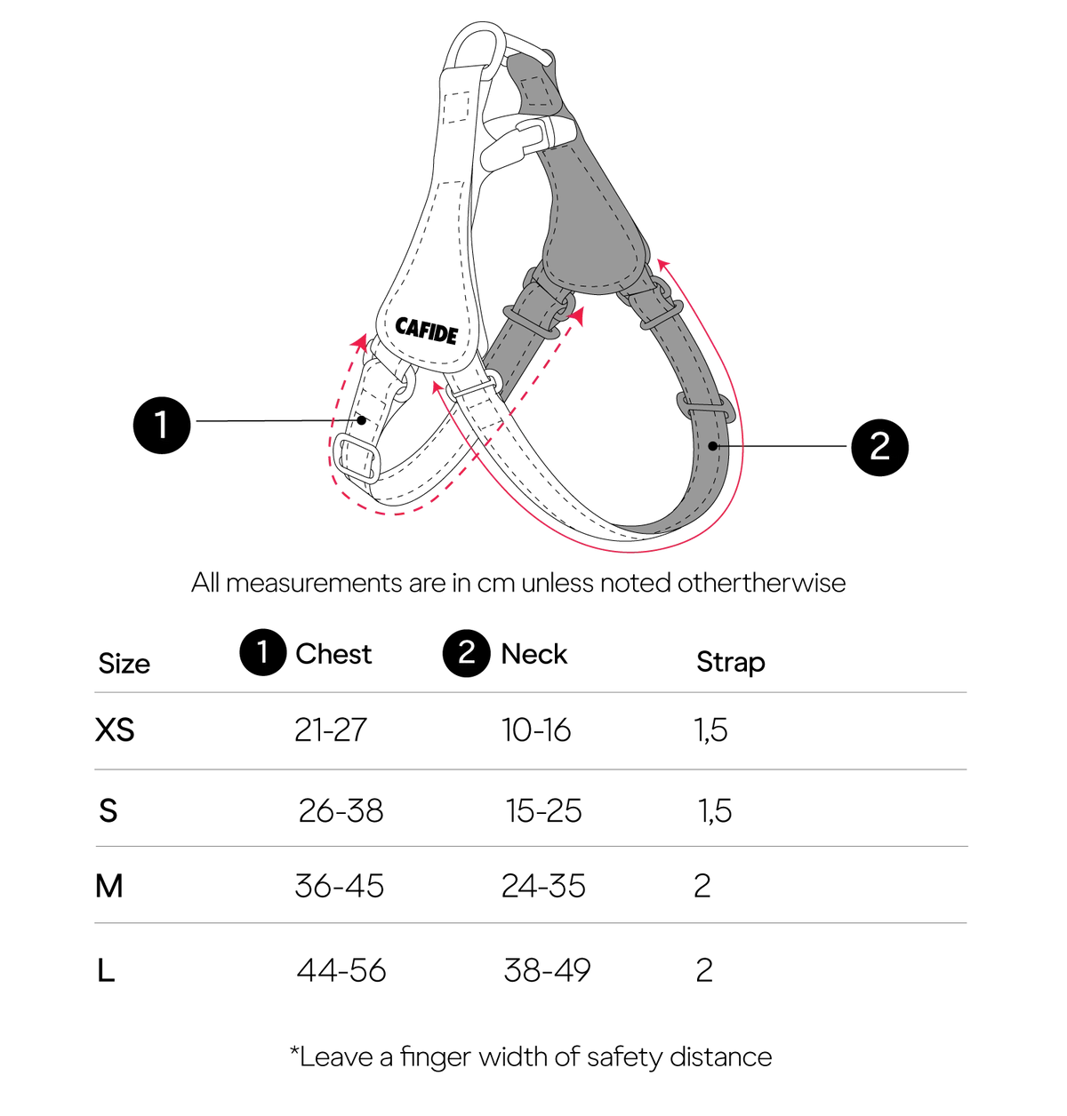 Dog harness sizing diagram and measurement chart showing a labeled harness illustration with numbered callouts and a size table for chest, neck, and strap measurements.