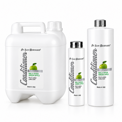 Three white plastic bottles of In San Bernard Conditioner in Mela Verde Green Apple scent, including a large jerrycan and two smaller bottles, arranged on a clean white background.