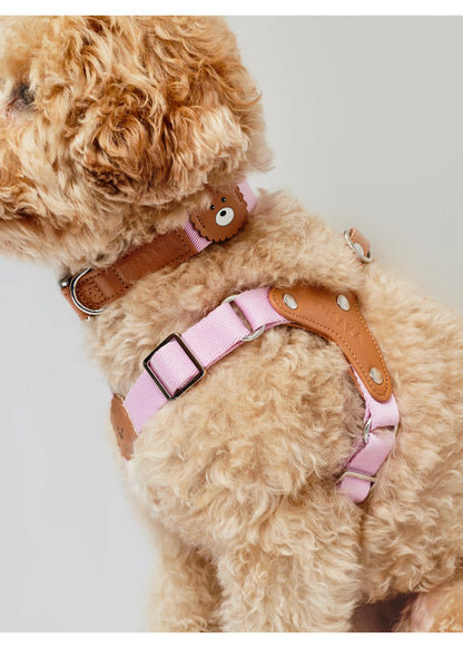 A close-up of a fluffy light brown dog wearing a pink and tan harness with a matching collar, set against a plain light gray background.