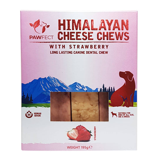 Box of Himalayan Cheese Chews with Strawberry for dogs on a white background
