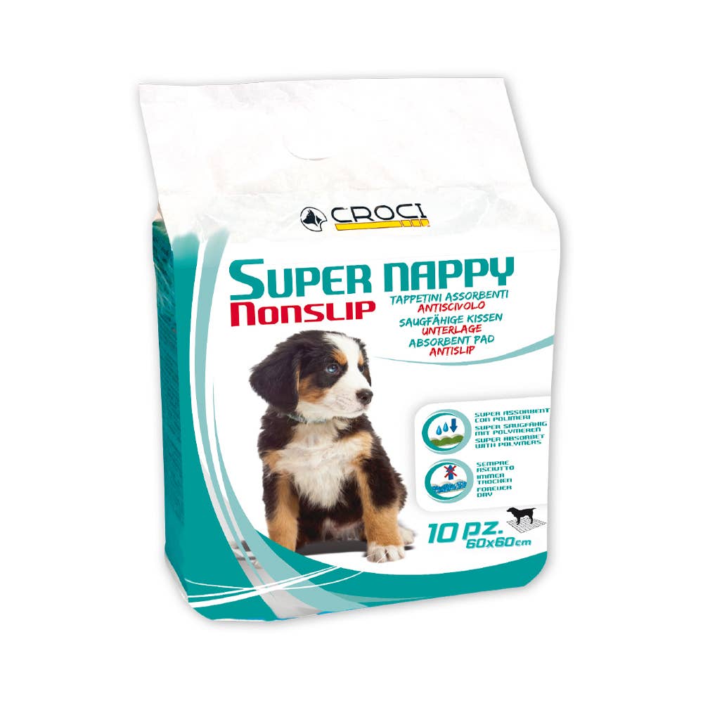 Bag of Croci Super Nappy Nonslip dog absorbent pads with a puppy on the label.