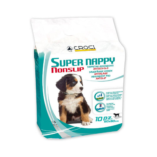 Bag of Croci Super Nappy Nonslip dog absorbent pads with a puppy on the label.