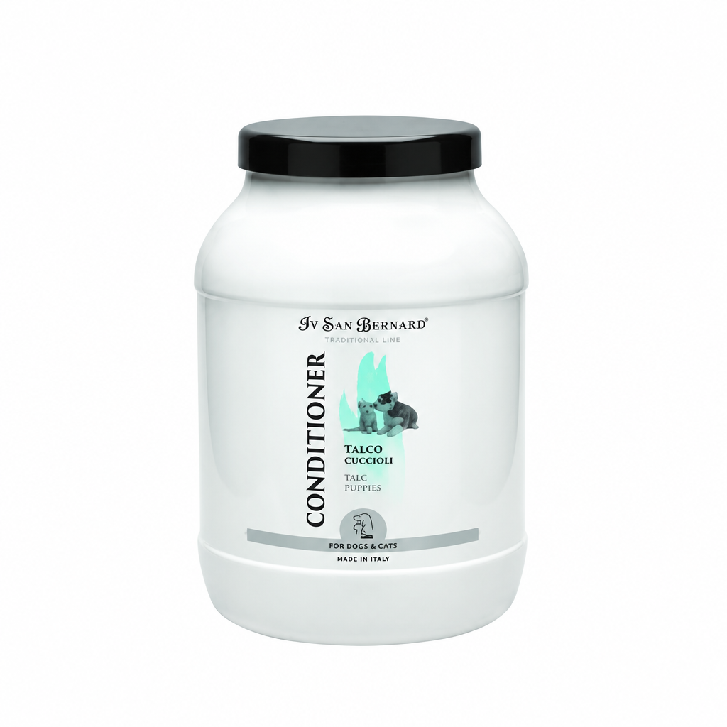 A white plastic tub of Iv San Bernard Conditioner for dogs and cats, featuring a black screw cap and a label with a black cat illustration and mint green accents.
