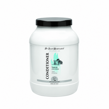 A white plastic tub of Iv San Bernard Conditioner for dogs and cats, featuring a black screw cap and a label with a black cat illustration and mint green accents.