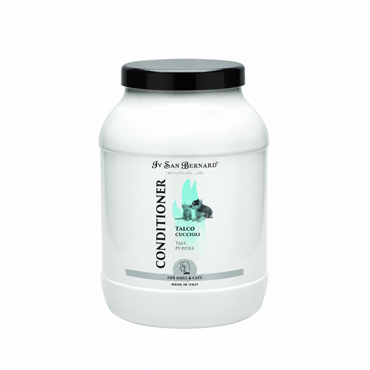 A white plastic tub of Iv San Bernard Conditioner for dogs and cats, featuring a black screw cap and a label with a black cat illustration and mint green accents.