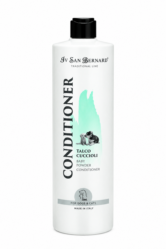 A white bottle of Iv San Bernard Conditioner for Talco Cuccioli (puppy baby powder) with a black cap, shown on a plain white background.