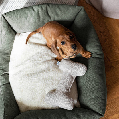 Small brown dog lying on a fluffy white pillow in a green pet bed.