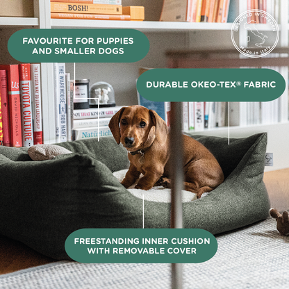 Dog sitting on a green pet bed with text highlighting features like durability and size suitability for pets.