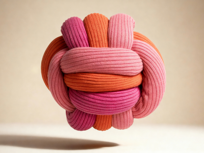 Colorful knotted fabric sculpture on a neutral background