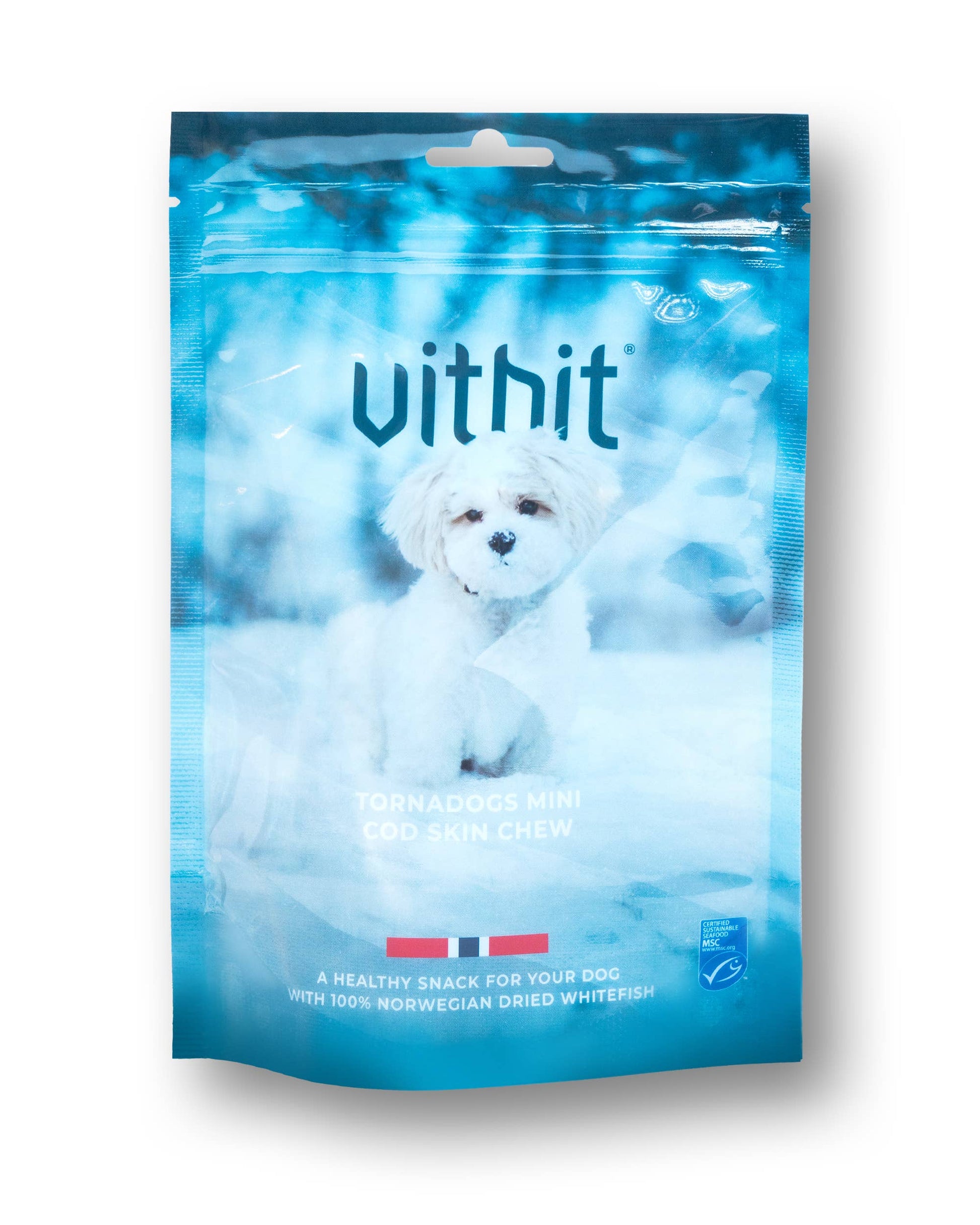 Vithit dog food package with a white dog on a blue background