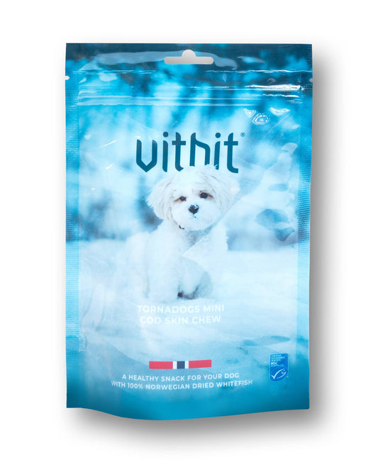Vithit dog food package with a white dog on a blue background