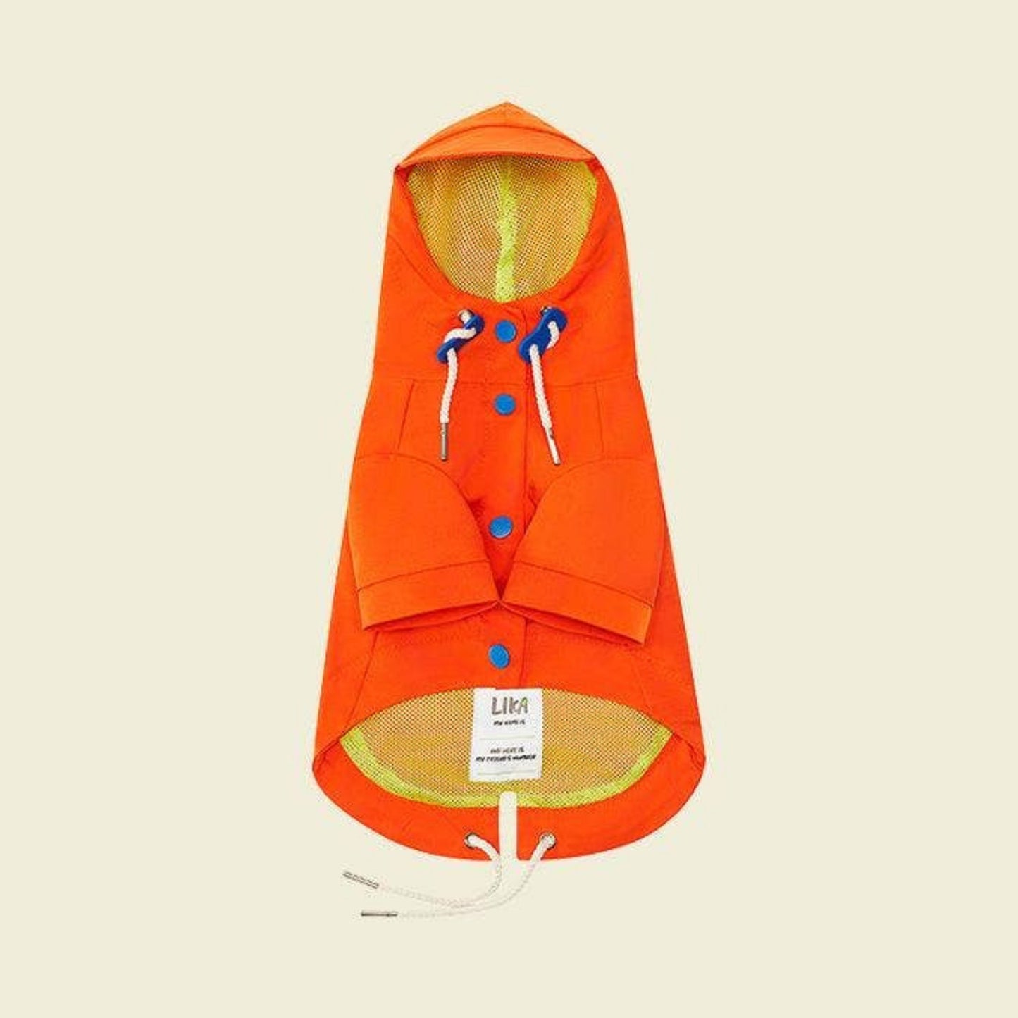 Orange dog coat with mesh panels on a beige background, featuring the brand 'LIKA'.