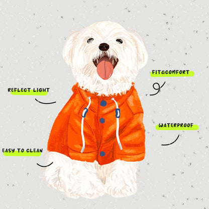 White dog wearing an orange raincoat with features highlighted on a light gray background, featuring the brand 'LIKA'.