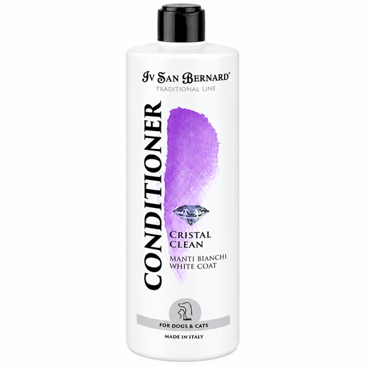 A white bottle of Iv San Bernard Traditional Line Conditioner, Crystal Clean, with a black cap and a purple watercolor graphic on the label.